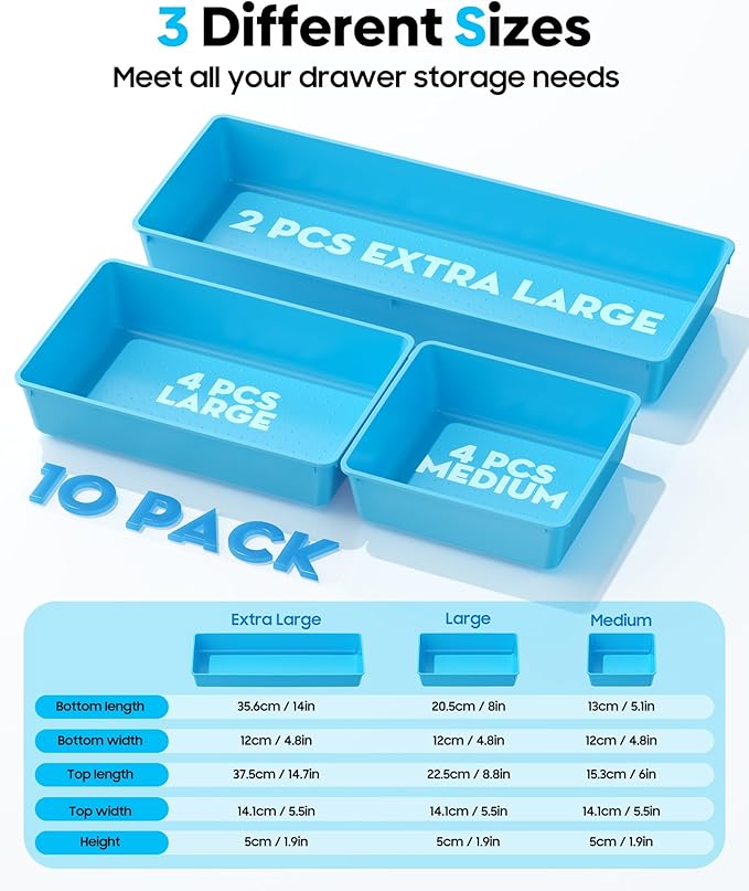 10 Pack Large Size Plastic Drawer Organizers Set, 3 Sizes Desk Drawer Organizer Trays, Storage Bins for Vanity, Makeup, Bathroom, Kitchen Utensils and Office (Blue)
