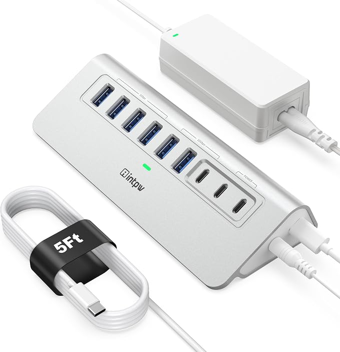 Powered USB Hub 10Gbps, intpw YH6AC 9-Port USB 3.2 /USB C Hub with USB A/USB C 3.2, 4 USB 3.0, 2 PD 45W Charging Port, 65W Power Adapter + 5FT Cable, Aluminum USB Hub for PC, iPhone 17/16/15/Laptop