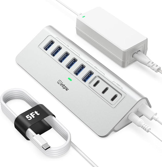Powered USB Hub 10Gbps, intpw YH6AC 9-Port USB 3.2 /USB C Hub with USB A/USB C 3.2, 4 USB 3.0, 2 PD 45W Charging Port, 65W Power Adapter + 5FT Cable, Aluminum USB Hub for PC, iPhone 17/16/15/Laptop
