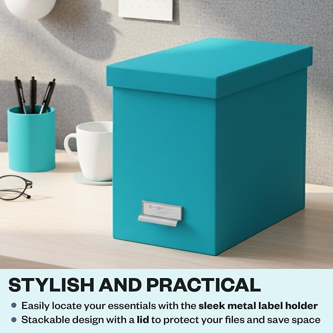 Bigso John Fiberboard Label Frame Desktop File Storage Box - Document Organizer for Important Paperwork - Durable Hanging File Box with a Lid & Metal Label Window - 7.36 x 13.38 x 10.51 in - Turquoise
