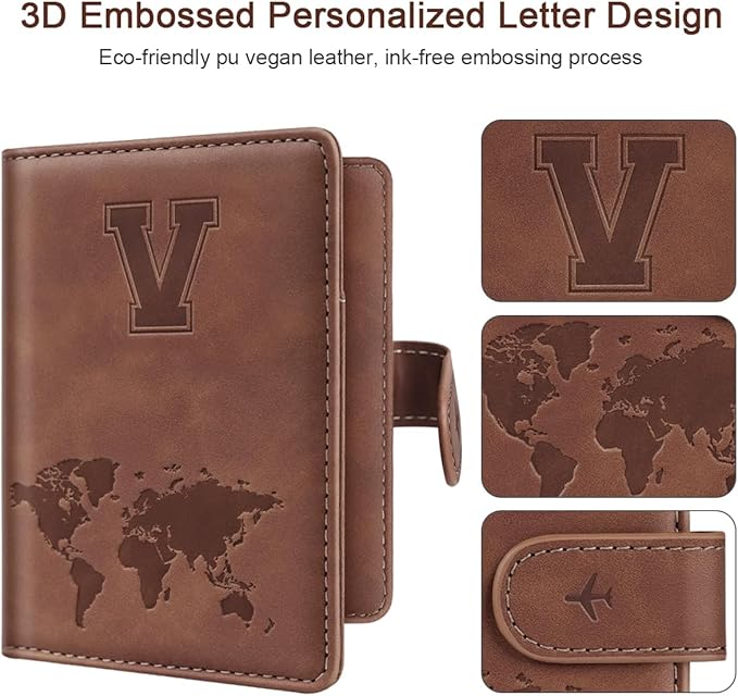 Passport Holder Wallet Cover Personalized Letter A-Z Travel Wallet RFID Blocking Passport Cover Wallet Case for Travel Passport Book Holders for Women and Men, Brown-W