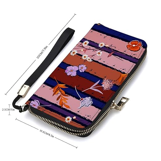 Unisex Zip Around Wallet for Adults Teens Vintage Flowers On Candy Colorful Stripe Coin Pouch Cash Pocket PU Leather Wallets Card Holder Organizer Designer Purse with Wristlet Strap