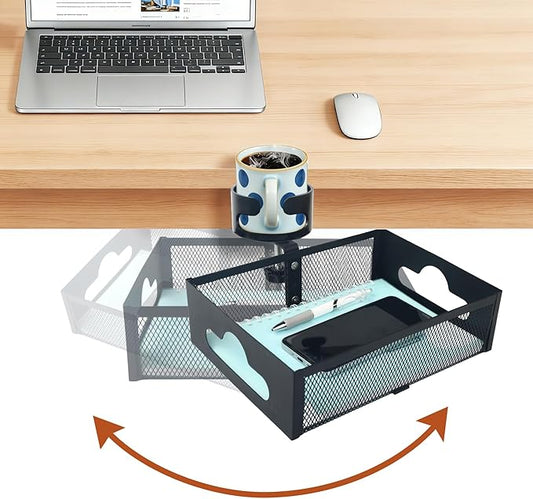 Under Desk Organizer 360° Swivel with Cup Holder, Clamp-On No Drill Installation, Sturdy Mesh Storage Drawer for Office,Drawing Room and Kitchen Room,Art Supplies and More (Black) (with Cup Holder)