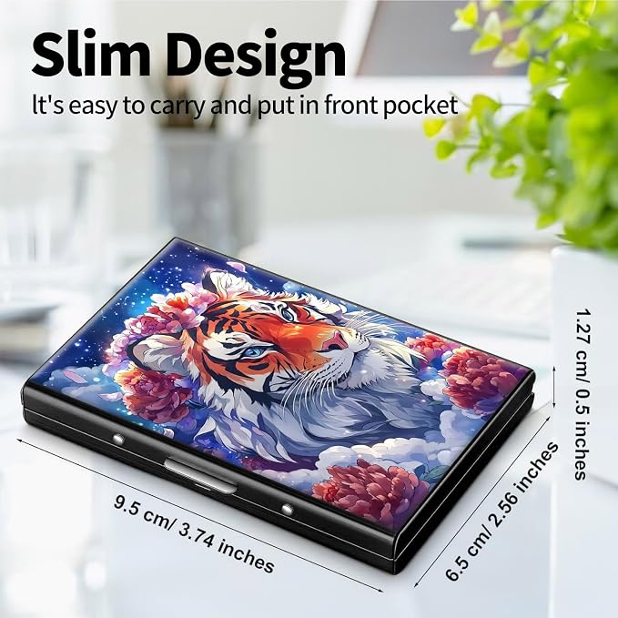 Metal Wallet, Credit Card Holder for Women Men Girls, RFID Blocking Aluminum Wallet Slim Hard Case, Mini Travel Wallet, ID Card Holder Business Card Case,Tiger Flower