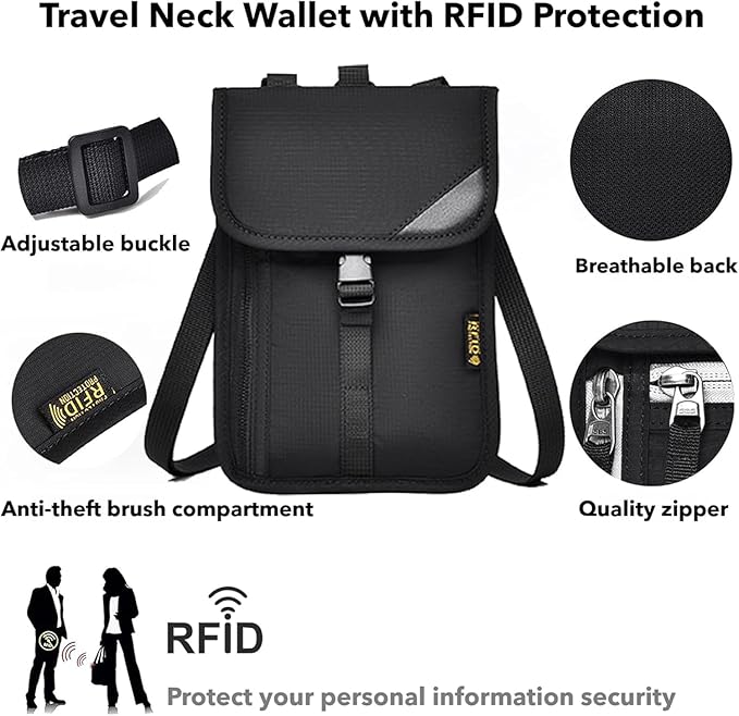 Passport Holder for Travel Pouch Neck Wallet for Traveling Women Men with RFID Blocking Waterproof and Slim Neck Pouch Adjustable Neck Strap (Z-Black)