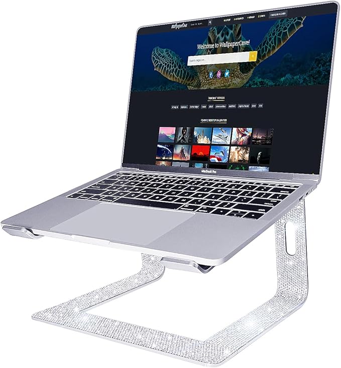 Bling Aluminum Laptop Stand,Glitter Ergonomicic Computer Stand for Desk with Sparkle Rhinestones,Detachable Notebook Riser Compatible with Air, Pro, Dell, HP, 10-15.6" Laptops (Silver)