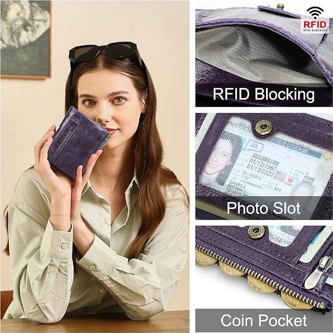 CONTACTS Soft Leather Wallet for Women Small Bifold Coin Purse Double Zipper Card Holder with RFID Blocking (Eggplant Purple)