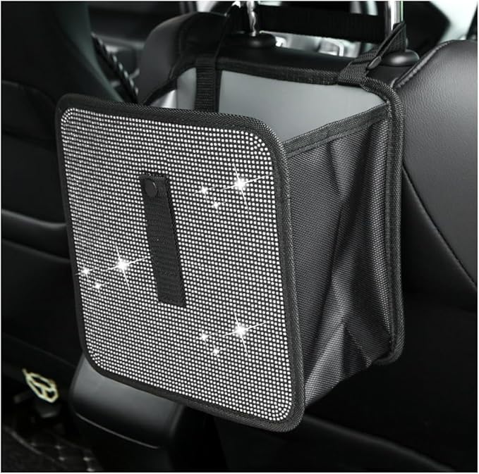 Car Trash Can, Bling Rhinestone Crystal Waterproof Hanging Garbage Bag for Car Interior, Oxford Leakproof Foldable Waste Organizer Trash Bin Universal for Most Vehicles (White)