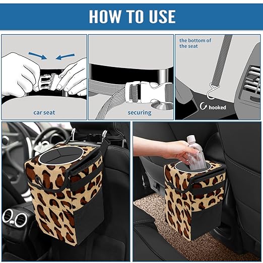 Car Trash Can Leopard Print Wate-rproof Auto Garbage Bag Car Trash Can with Lid Leak-Proof Car Storage Bag Hanging for Headrest Collapsible and Portable with Storage Mesh Pocket