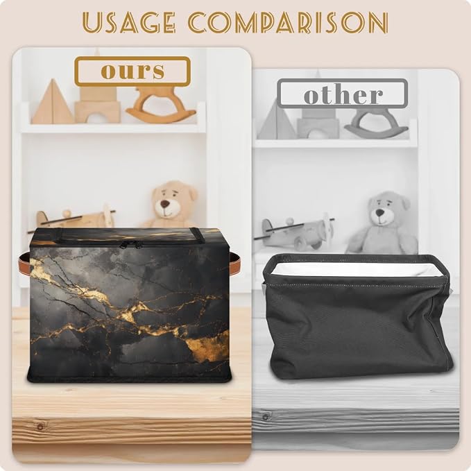 Black Gold Marble Storage Bins With Zipper Lid, Collapsible Trunk Organizer, Car Organizers and Storage Bins with Lids, Decorative Storage Boxes with Handle, Home Storage Baskets For Organizing