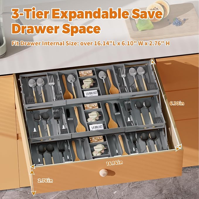 3 Tier Drawer Organizer - Expandable Junk Drawer Organizers Smart Office Supply Organizer, Folding Drawer Storage Multi-level Desk Organizer for Makeup,Jewelry,Cosmetics,Kitchen Storage (1 Row 3 Tier)
