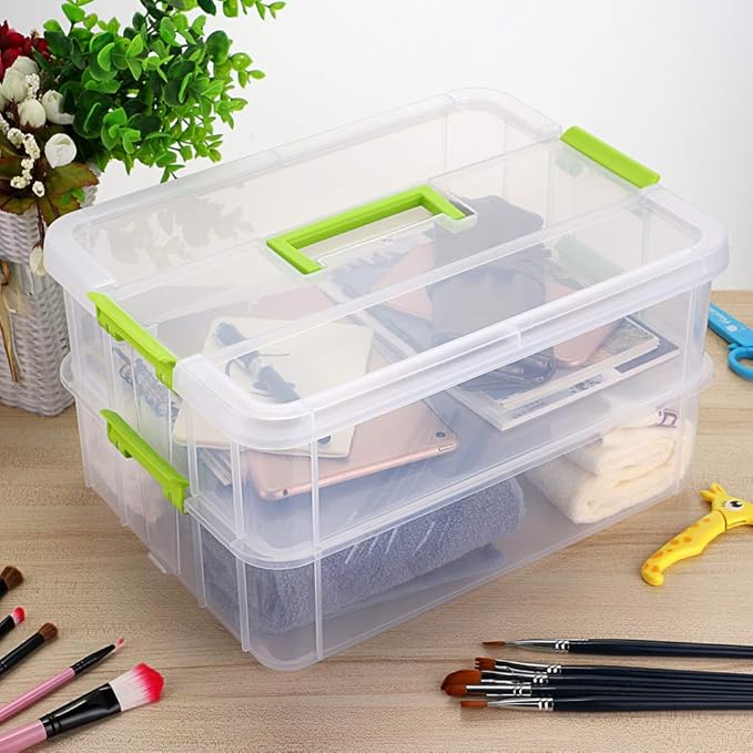 JUXYES 2-Tiers Stack Carry Storage Box With Handle, Transparent Stackable Storage Bin With Handle Lid Latching Storage Container for School & Office Supplies (Green)