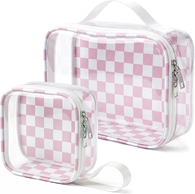 Pink Checkered Diaper Bag Organizer Pouch Set,TSA Approved Toiletry Bag,Clear Waterproof TPU Car Makeup Bag Set Travel Organizer Bags for Women and Kids Toiletry Bag Set for Baby and Mom Essentials