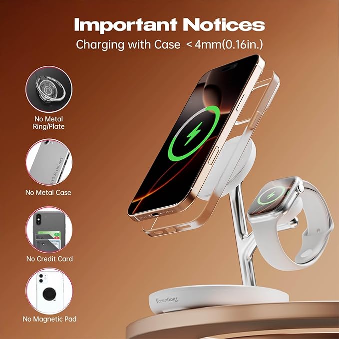 3-in-1 Magnetic Wireless Charger for iPhone 12-16,Fast Charging Station for Apple Watch & AirPods | MagSafe Desktop Dock, 360° Adjustable Stand