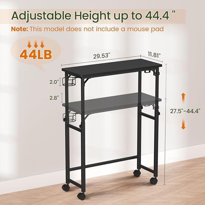 Snughome Mobile Keyboard Tray with Wire Cup Holder & 2 Storage Hooks, Height Adjustable 27.5"–44.4", Rolling Standing Desk Keyboard Platform with Lockable Casters for Home Office, Black
