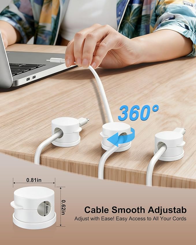OneLeaf 12 Pack Spring Cable Clips for Phone Charger, One-Hand Cord Holder for Nightstand & Desk, Rotatable Desk Cable Management with Strong Adhesive, White