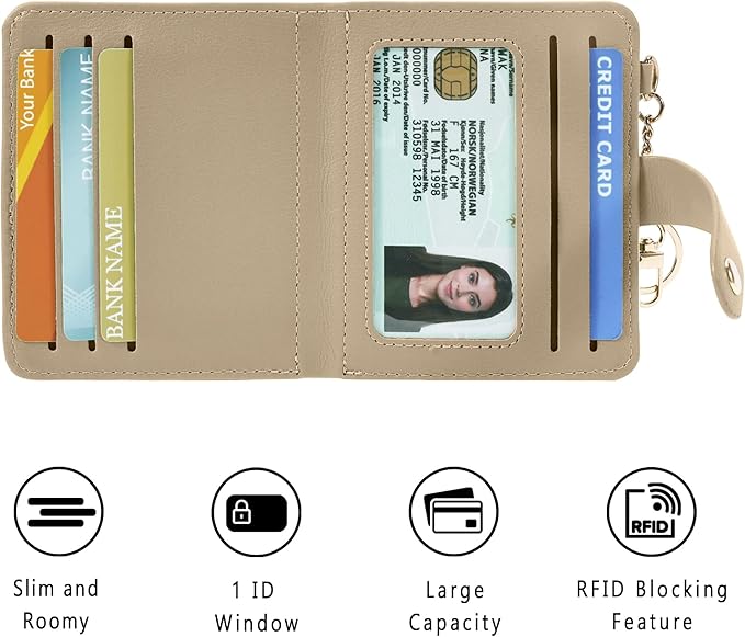 Airkit Small Wallets Woman RFID Blocking Leather Credit Card Holder - with ID Window - Card Wallets for Women - with Zipper Coin Purse - Keychain Wallet