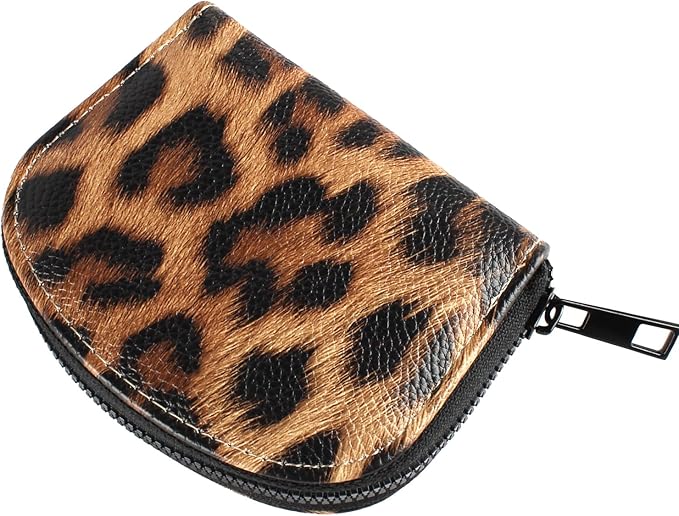 Small Zip Wallet Credit Card Wallet Coin change case Holder for women PU Leather(Sand Leopard)