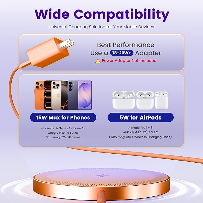 15W Wireless Charger for Apple MagSafe Charger, Magnetic Fast Charging Pad | Compatible for iPhone 17 16 15 14 13 12 Pro Max, AirPods-Slim Portable for Desk Bedside and Travel - 3 Pack, Orange