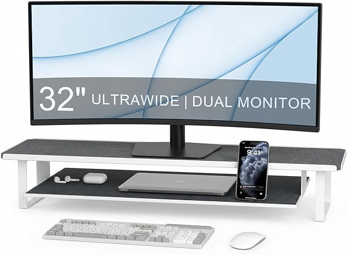 Carbon Steel Dual Monitor Stand Riser, 31.5 Inch Extra Wide & Thick Heavy Duty 2 Tier Desktop Organizer with Pull Out Storage Drawer, Ergonomic Desk Stand for Curved & Gaming Monitors Home Office