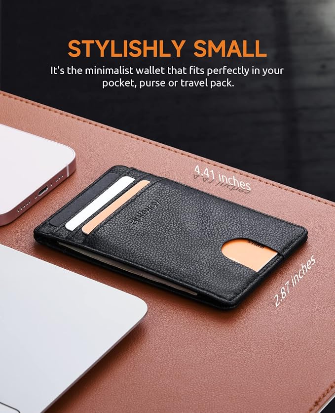 Buffway Mens Slim Wallet, Minimalist Thin Front Pocket Leather Credit Card Holder with RFID Blocking for Work Travel | Minimalist