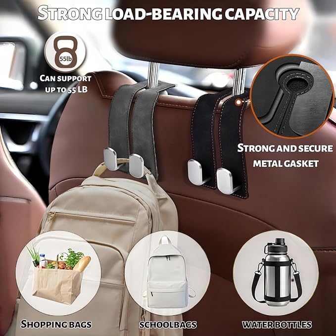Car Headrest Hook 2 Pack, Universal Car Purse Holder for Back of Seat, Heavy Duty Leather Car Seat Hooks with Dual Metal Hooks, for Handbag, Grocery Bags, Water Bottle, Phone (Brown)