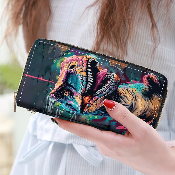 Women's Large Capacity Wallet PU Leather Zip Around Clutch Purse Multifunctional Wallet with Removable Wristlet Strap for Smart Phone/Coin/Card/Cash - Dinosaur