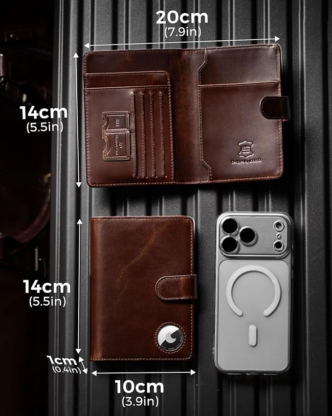 LORZOR Passport Holder for Travel: Full Grain Leather Passport Cover with Airtag Holder Magnetic Buckle for Men - RFID Blocking Bifold Wallet for Air Ticket Card Cash Coin (Brown)