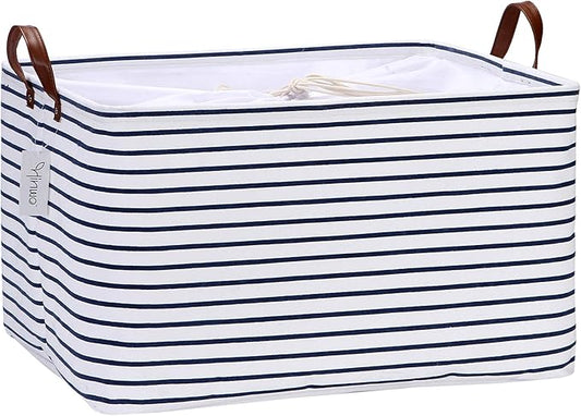 Hinwo 70L Extra Large Storage Bins, Closet Organizers and Storage, Foldable Clothes Storage Baskets with Handles, Containers for Clothing, Blanket, Comforters, Toys, Bedding (Navy Stripe)
