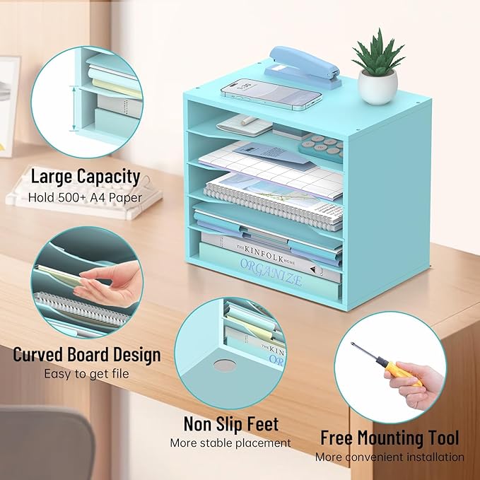 5-Tier Wood Desk Organizer, Paper Tray Organizer for Desk with Adjustable Storage Shelves, Desktop File Organization Paper Sorter Mail Holder for Office Home Classroom, Blue