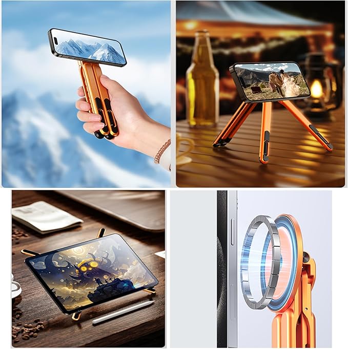 Laptop Stand for Desk, Foldable Aluminum Alloy Magnetic Computer Riser, Ergonomic 8-Level Adjustable Height Travel Laptop Holder,Multi-Functional Stand for 10–16"Laptop,4–13" Tablet and Phone
