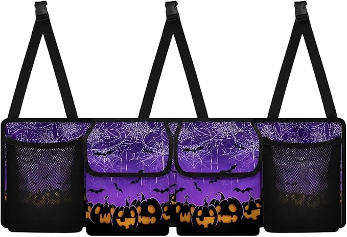 Hanging Organizer for Car Trunk Halloween Prints Collapsible Auto Back Seat Storage Bag with 2 Pockets 2 Mesh Pouches Detachable Automotive Interior Accessories