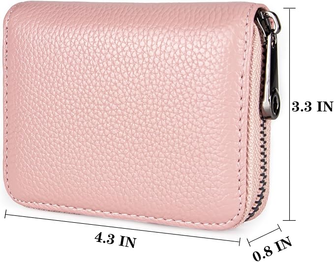 Suweibuke Genuine Leather Credit Card Holder Zipper Wallet RFID Blocking Secure Card Case ID Case Organizer (Pink)