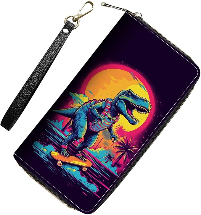 Womens Wallet,RFID Blocking Large Capacity Clutch,Zip Around Leather Purse with 8 Card Slots,Bill Compartments Coin Pocket - Funny Dinosaur