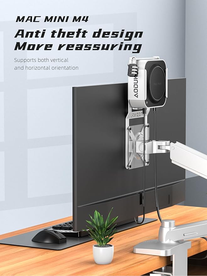 with Combination Security lock 2024 Mac Mini M4 VESA Computer Monitor Mount Bracket for Anti-theft Server Rack Extension Plate Adapter, Compatible 75X75/100X100MM Hole distance-AJM4GS-BWM