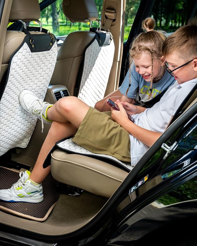 Owleys Premium Leather Car Seat Protector for Child Car Seat Cover from Dirt Scratches (White Set Kick Mat+Seat Protector)