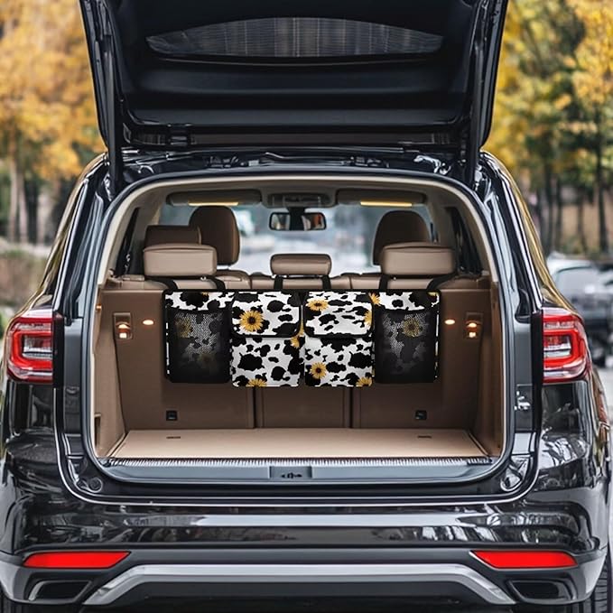 Sunflower Cow Pattern Car Backseat Trunk Organizer Auto Hanging Seat Back Storage Collapsible Car Storage Bag Car Interior Accessories for SUV, Truck, MPV,Van