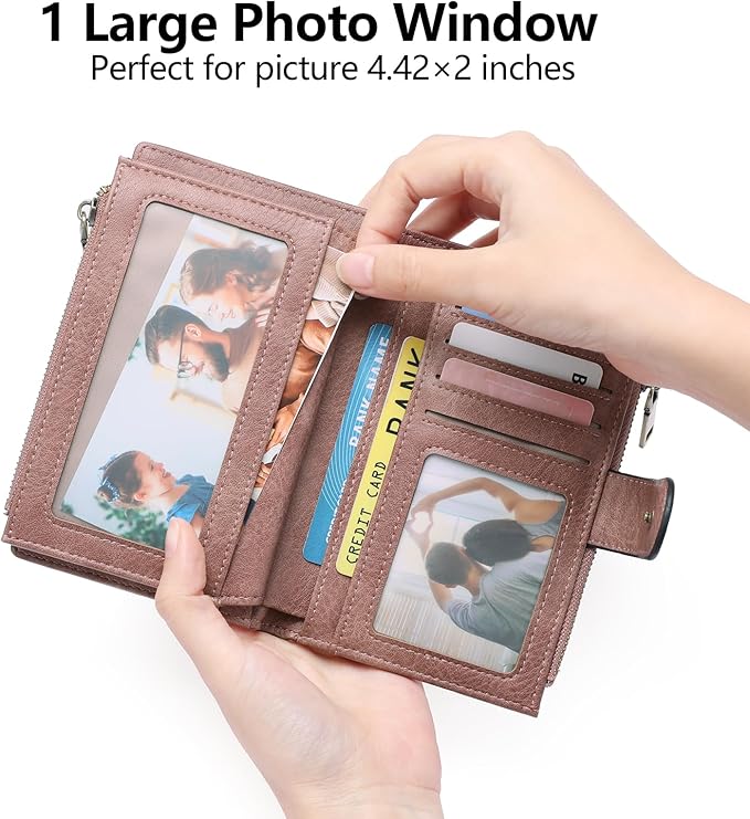 GOIACII Womens Wallets RFID Blocking Leather Trifold Clutch Wallet Credit Card Holder Ladies Purse 3 ID Windows Pink