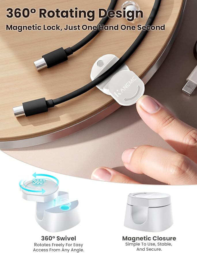 Kanemc Cable Clips Cord Holder for Desk, 360° Spin Magnetic Wire Organizer Self Adhesive Cord Management for Office Desks Cars Home Kitchen Electronic Accessory (White, 9 PCS)