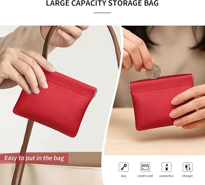 Genuine Leather Squeeze Coin Purse Pouch Change Holder For Men & Women Mini Change Purse Pouch for Pocket, Small Pouch Credit Card Key Headset Lipstick Holder (Red)
