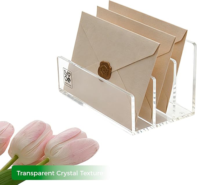 Lovemolly 3-Slot Clear Acrylic Mail Holder – Vertical Letter Sorter & Desk Organizer for Bills, Envelopes & Notebooks, Compact 6.88 x 4.05 x 4.05 in