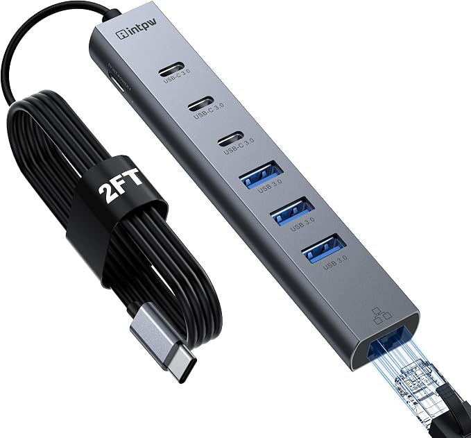 intpw USB C Hub with Ethernet, 8-Port USB Hub 3.0 Multiport Hub with 3 USB-C &3 USB-A Port 5Gbps,USB Splitter, Gigabit Ethernet, Aluminum USB Extender Hub Long Cable for MacBook, Desktop, Laptop, PC