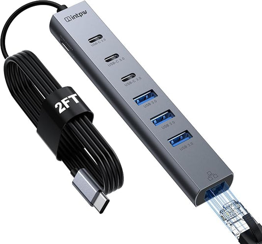 intpw USB C Hub with Ethernet, 8-Port USB Hub 3.0 Multiport Hub with 3 USB-C &3 USB-A Port 5Gbps,USB Splitter, Gigabit Ethernet, Aluminum USB Extender Hub Long Cable for MacBook, Desktop, Laptop, PC