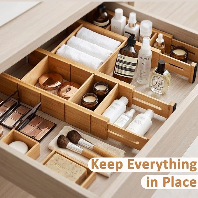6 Pack Bamboo Drawer Dividers, Adjustable 17–22 Inch Expandable Drawer Organizer for Kitchen, Dresser & Closet, Bamboo Kitchen Drawer Organizer, Drawer Divider Set with 12 Inserts