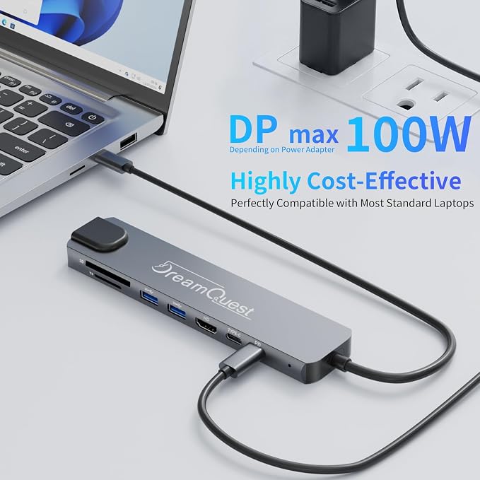 DreamQuest USB C Hub 8-in-1 with 4K@60Hz HDMI, max 100W PD, USB 3.0/2.0, SD/TF Card Reader,100Mbps LAN Port– Compatible with Desktops, Laptops, Xbox, Flash Drives, Consoles, Printers