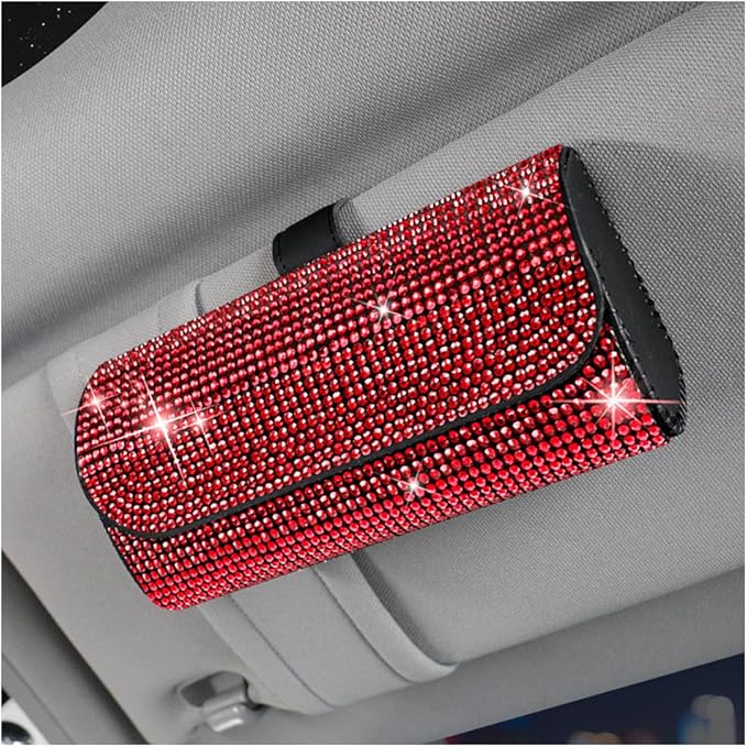 Osilly Bling Car Sunglass Holder for Sun Visor, Sparkling Crystal Leather Automotive Eyeglasses Mount Clip Organizer with Hidden Magnetic Closure for Men Women, Universal for SUV Truck Van（Red）