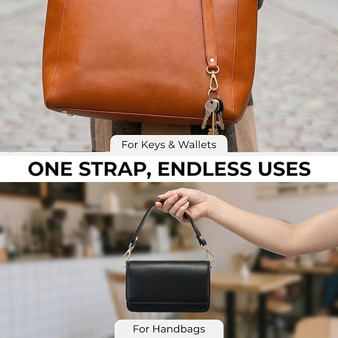 2-Pack Full Grain Key Leash for Purse & Wristlet Strap Replacement - Leather Key Strap for Purse with Dual Clips, Purse Key Holder & Key Finder Lanyard for Handbag Wallet (Black+Brown)