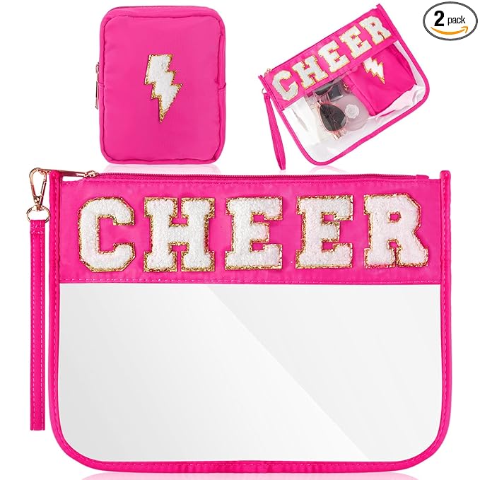 Hillban 2 Pcs Cheer Makeup Cosmetic Bag Cheerleader Team Gifts Clear Zipper Toiletry Pouch for Travel Chenille Letter Bag Pink Preppy Patch Purse PVC Waterproof Cheer Stuff Accessories for Women Girl