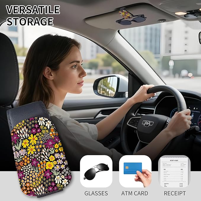 LKKDPS Sunglasses Holder for Car Visor, PU Leather Glasses Clip Organizer, Cute Magnetic Eyeglass Holder for Vehicle Sun Visor, Car Interior Accessory for Women & Men Wildflower Doodle Garden