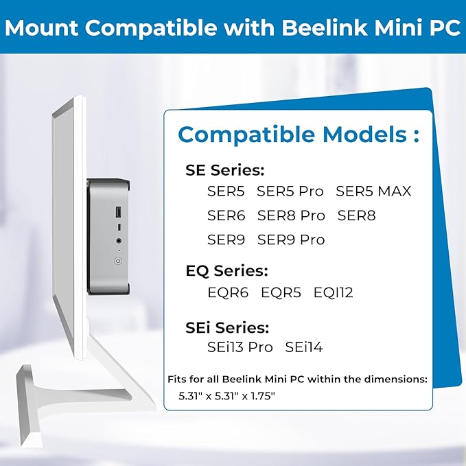 Metal Mini PC VESA Mount for Beelink SER5 Pro, EQi12, SER5 MAX, SER8, SER9 Pro, SER9, SER8 Pro, SER6, EQR6, EQR5, SEi13 Pro, SEi14, Vesa/Wall/Under Desk, Mount for Beelink, with Holder, Black